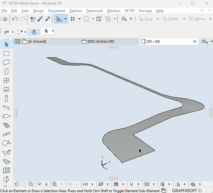 VKTRS Layered Mesh operating in Archicad, showing a source Mesh and layered geometry.